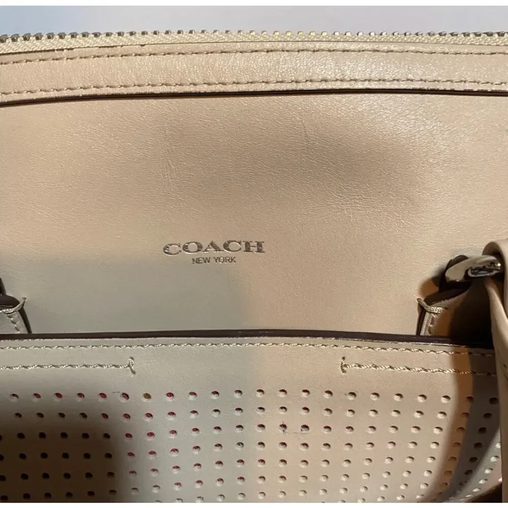 Coach Haley Light Nude Perforated Leather Top Handles Zipper Satchel Bag